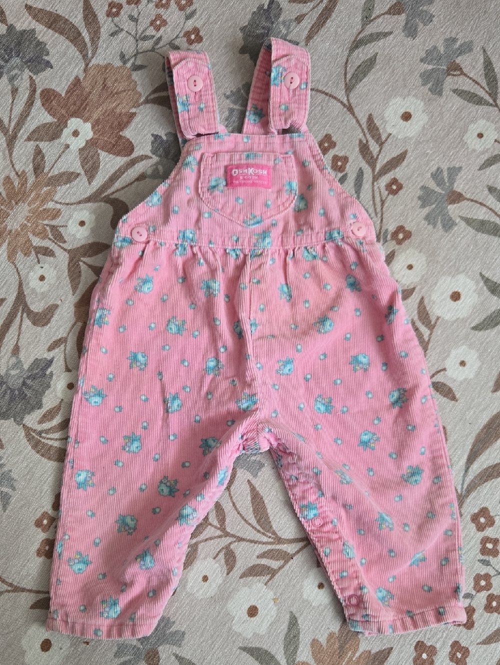 Vtg Oshkosh Girls 12M Pink Corduroy  Floral Overalls Flowers Union Label US Made
